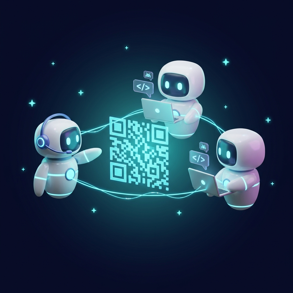 Robots chatting around a glowing QR code